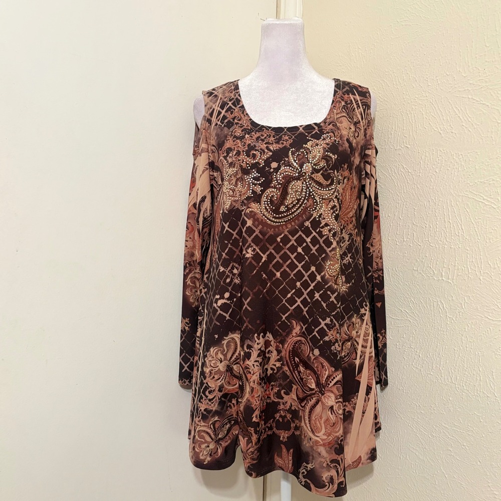 Tan Brown Paisley Rhinestone Cold Shoulder Tunic Top Grunge y2k Fairycore S